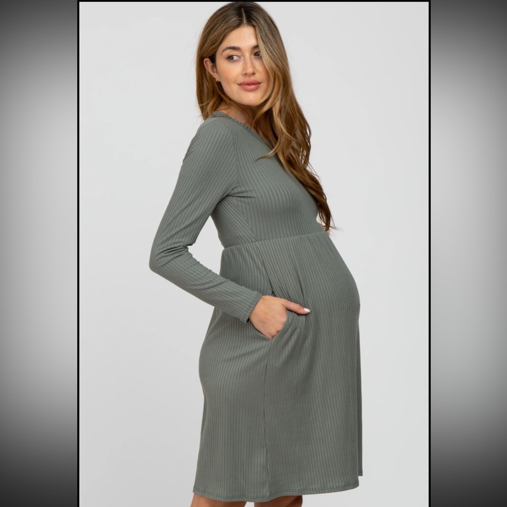 Maternity Ribbed Long-Sleeve Dress in Gray Green Medium PinkBlush Vanilla Bay